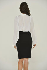 White Long Sleeve Mandarin Blouse w/ Removable Bow