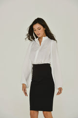 White Long Sleeve Mandarin Blouse w/ Removable Bow