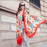 Anyyou 100% Merino Wool Orange Native Tribe Silk Satin Large Winter Scarf Pashmina Shawl Bandana Perfect For Women Ladies Fashion Style