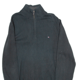 TOMMY HILFIGER Premium Cotton Mens Jumper Blue 1/4 Zip Tight Knit L