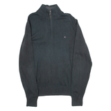 TOMMY HILFIGER Premium Cotton Mens Jumper Blue 1/4 Zip Tight Knit L