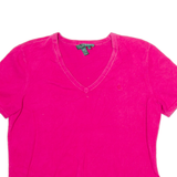 LAUREN RALPH LAUREN Womens Jumper Pink V-Neck Tight Knit Short Sleeve L