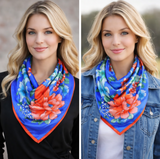Anyyou Fashion Premium Satin Square Scarf – Vibrant Peony Blue Floral Silk-Feel Neckwrap for Women