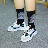 Anyfootwear 5 Pairs Unisex Shark Print Sports Socks Size 4-9 Black Long Cotton Knitted Breathable Hip-Hop Skateboard Casual Fashion Socks