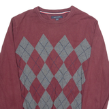 TOMMY HILFIGER Mens Patterned Jumper Maroon Argyle Tight Knit L