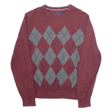 TOMMY HILFIGER Mens Patterned Jumper Maroon Argyle Tight Knit L