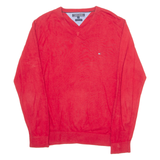 TOMMY HILFIGER Mens Jumper Red V-Neck Tight Knit M