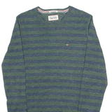 TOMMY HILFIGER Mens Patterned Jumper Green Striped Tight Knit S