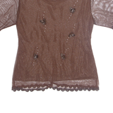 Rhinestone Glitter Butterfly Womens Blouse Brown M