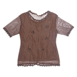 Rhinestone Glitter Butterfly Womens Blouse Brown M