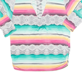 Rhinestone Lace Womens Printed Top Green Long Sleeve Striped M