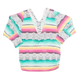 Rhinestone Lace Womens Printed Top Green Long Sleeve Striped M