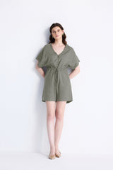 V neck Drawstring Romper in Dark Green