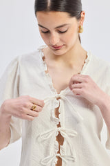 Relaxed Fit Top With Ruffles and Front-Ties in Cream