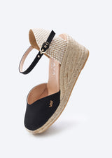 Reus Black Canvas Ankle Strap Women Flexible Back Espadrille Wedges