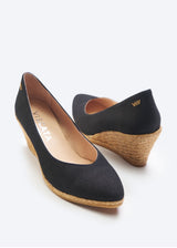 Roses V Cut Black Canvas Slip On Women Espadrille Wedges