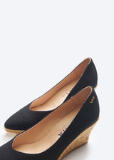 Roses V Cut Black Canvas Slip On Women Espadrille Wedges Details