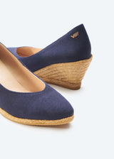 Roses V Cut Navy Blue Canvas Slip On Women Espadrille Wedges Details