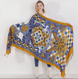 Anyyou 100% Merino Wool Mustartd Yellow Patterns Silk Satin Large Winter Scarf Pashmina Shawl Bandana Perfect For Women Ladies Fashion Style