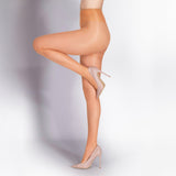Beige sheer stockings worn by a model on a light gray background