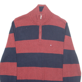 TOMMY HILFIGER Mens Patterned Jumper Red Striped 1/4 Zip Tight Knit S