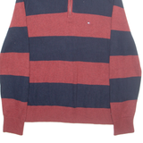 TOMMY HILFIGER Mens Patterned Jumper Red Striped 1/4 Zip Tight Knit S