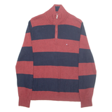 TOMMY HILFIGER Mens Patterned Jumper Red Striped 1/4 Zip Tight Knit S