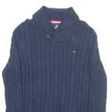 TOMMY HILFIGER Mens Jumper Blue Button Neck Cable Knit M