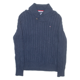 TOMMY HILFIGER Mens Jumper Blue Button Neck Cable Knit M