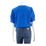 Womens Cropped Blouse Blue Puff Sleeve Spotted M