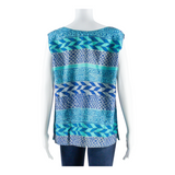 Womens Vests Blouse Blue Sleeveless Faux Silk Geometric 2XL