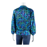 RIO Womens Blouse Shirt Blue Collared Long Sleeve Crazy Pattern S
