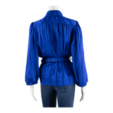 Womens Printed Blouse Blue V-Neck Puff Sleeve Striped M