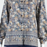 Womens Printed Blouse Blue V-Neck Long Sleeve Crazy Pattern L