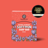 Saabuni saffron soap bar packaging with brand logo and product details on a red background