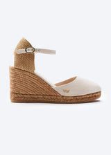 Satuna Beige Canvas Ankle Strap Women Espadrille High Wedge