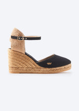 Satuna Black Canvas Ankle Strap Women Espadrille High Wedge