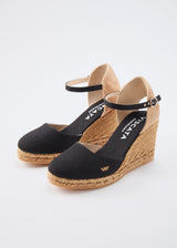 Satuna Black Canvas Ankle Strap Women Espadrille High Heel Wedges