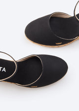 Satuna Black Canvas Ankle Strap Women Espadrille High Wedges U Cut Rounded Closed Toe Detail