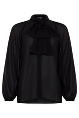 Black Long Sleeve Mandarin Blouse w/ Removable Bow
