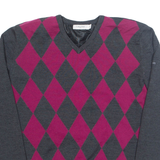 CALVIN KLEIN GOLF Mens Patterned Jumper Grey Diamond V-Neck Tight Knit Wool M