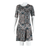 MONSOON Womens Skater Dress Black Crazy Pattern Short Sleeve Knee Length UK 10