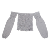 Cropped Womens Printed Top White High Neck Long Sleeve Gingham XS