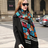 Anyyou 100% Pure Merino Wool Poncho Scarf for Women – Black Mosaic Pattern Oversized Winter Pashmina Shawl Wrap
