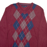 TOMMY HILFIGER Mens Patterned Jumper Maroon Argyle V-Neck Tight Knit M