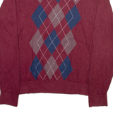 TOMMY HILFIGER Mens Patterned Jumper Maroon Argyle V-Neck Tight Knit M