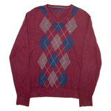 TOMMY HILFIGER Mens Patterned Jumper Maroon Argyle V-Neck Tight Knit M