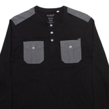 GUESS Mens T-Shirt Black Long Sleeve Button Neck M