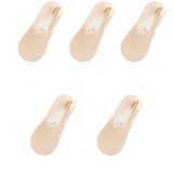 Anyfootwear 5 Pairs Size 5-9 Fashion Socks Lace Flower Style Breathable Antiskid Invisible Ankle Socks for Women Beige