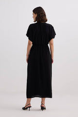 Oversized Gathered V-neck Maxi Dress in Black